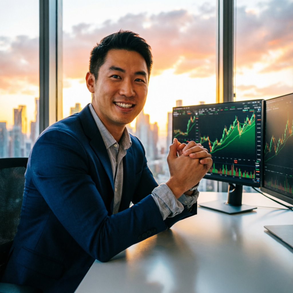 Successful funded trader smiling at trading desk with green profit charts on monitors, sunset city view in background