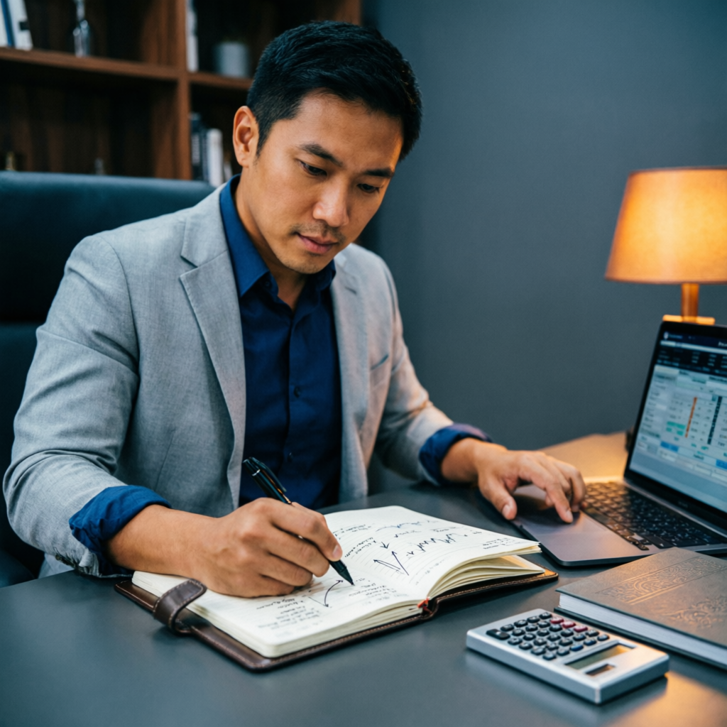 Professional trader managing risk with calculator, trading journal and laptop for prop firm evaluation