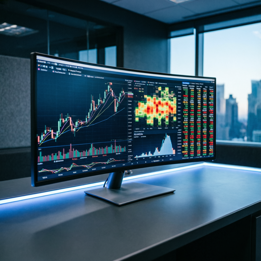 Trading dashboard and analytics on large monitor with candlestick charts and real-time data in modern trading office