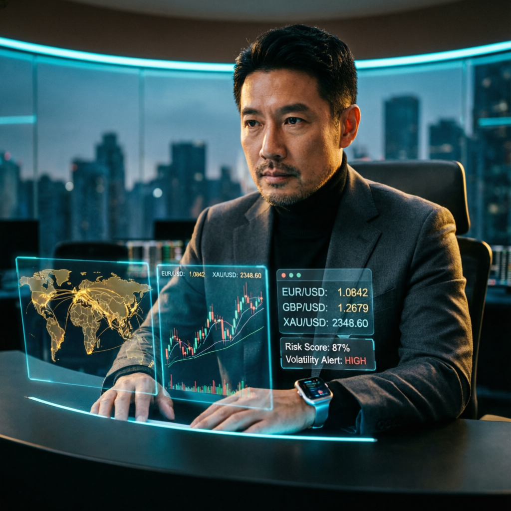 Professional forex trader analyzing Apex Trader Funding evaluation with AI-powered trading dashboard