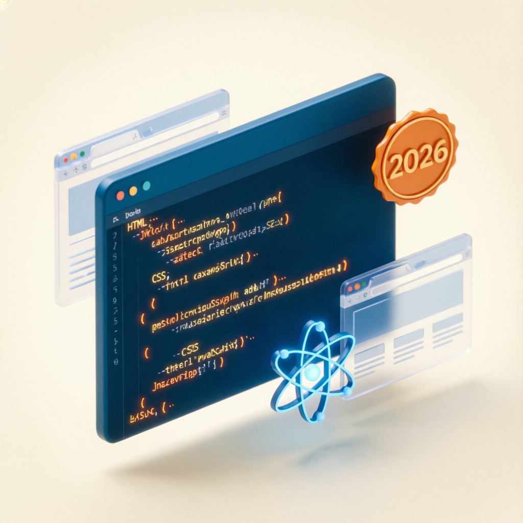 Modern Web Development 2026 course cover — code editor with HTML, CSS, JavaScript and React