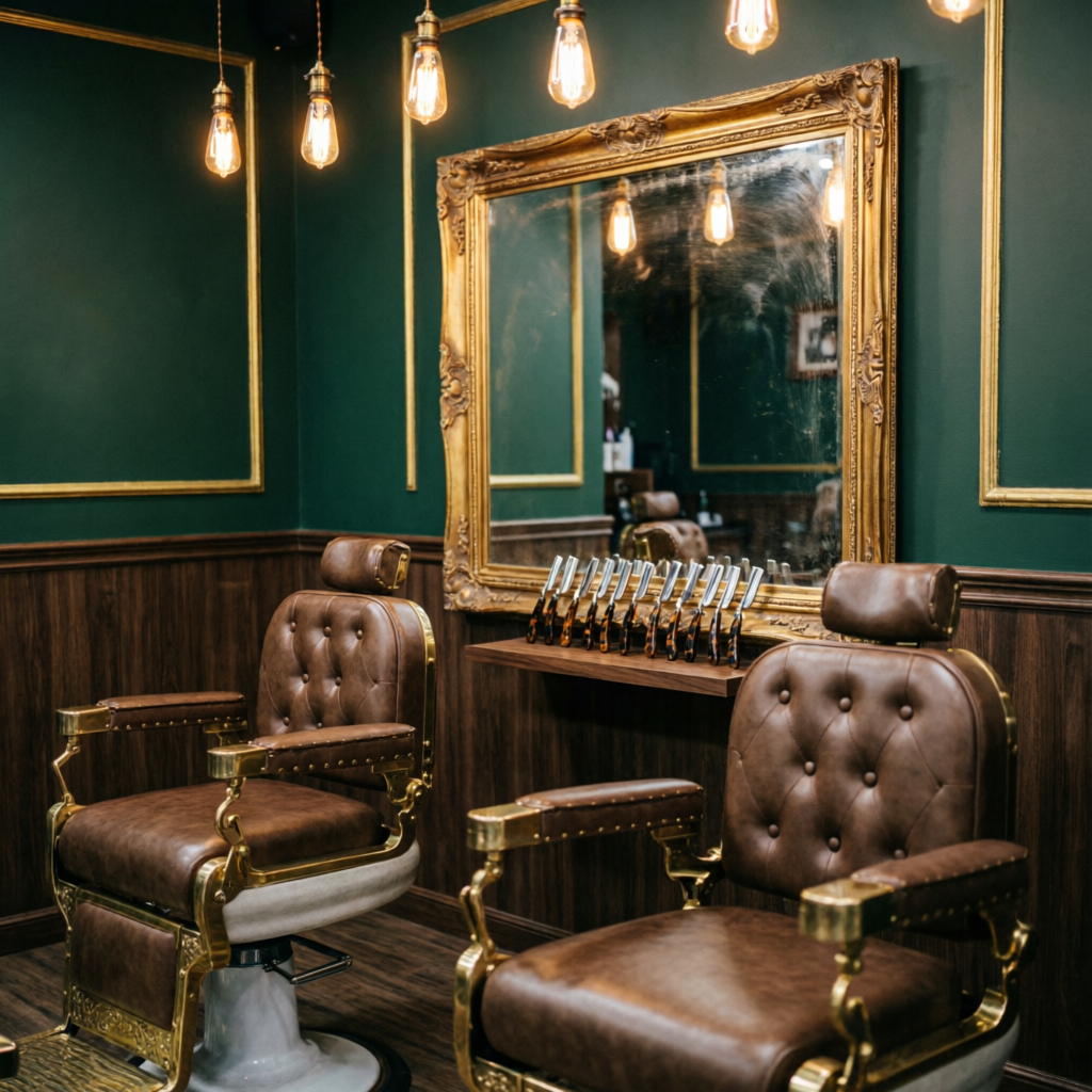 KI-generierter Innenraum des Krone & Kamm Barbershop mit Lederstühlen und Goldspiegel