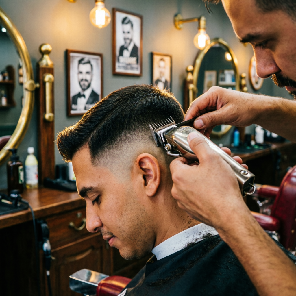 KI-generiertes Bild: Barber schneidet präzisen Fade