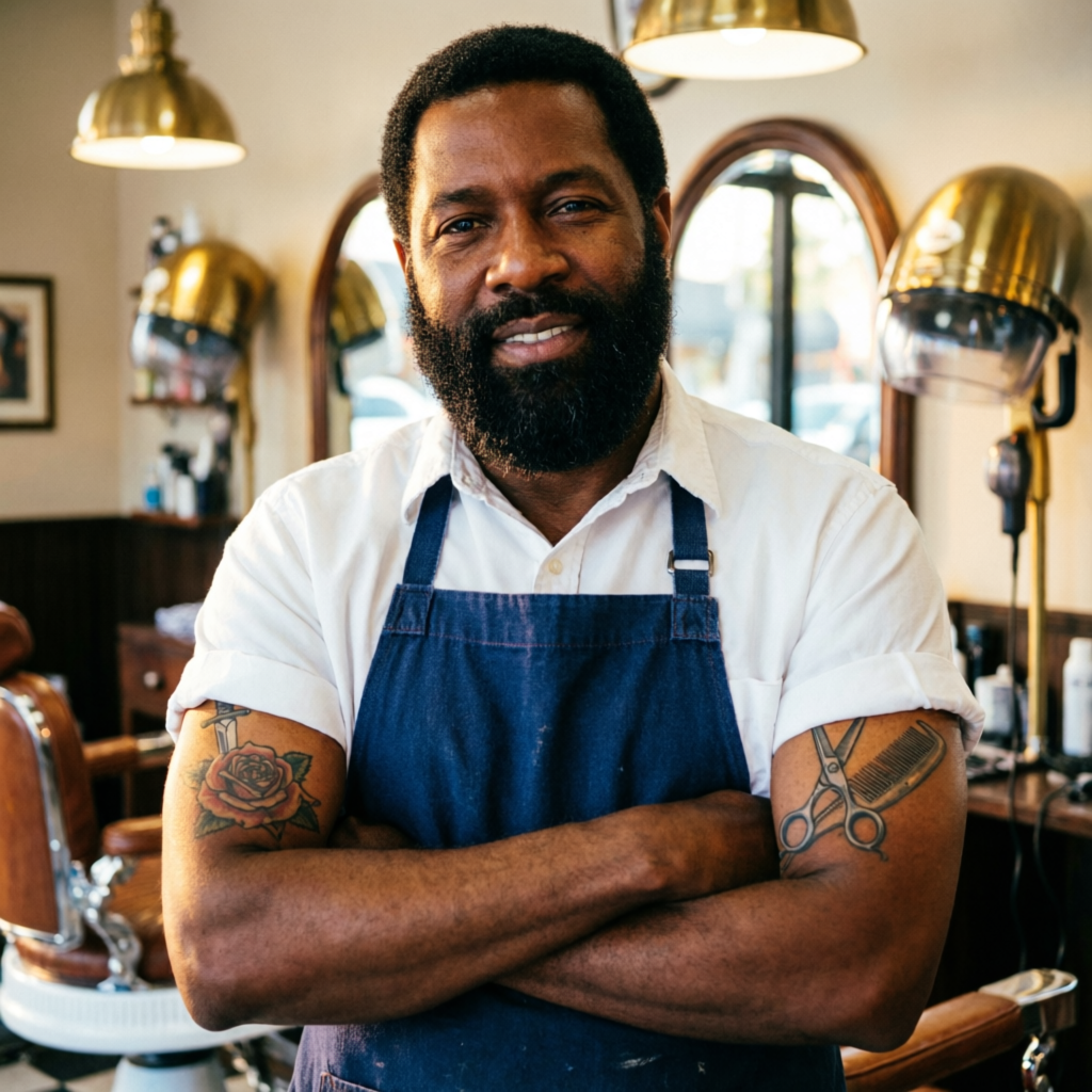 KI-generiertes Porträt: Samuel Okafor, Inhaber & Master Barber