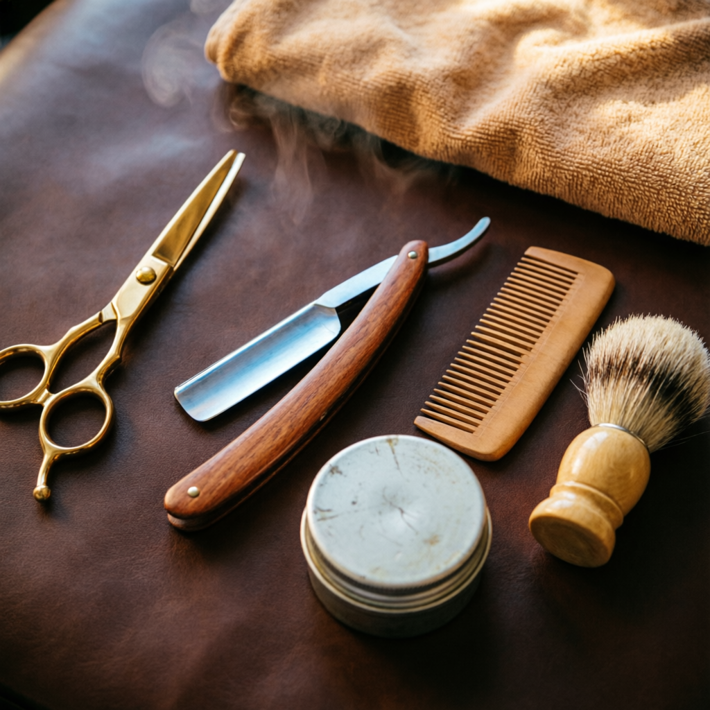 KI-generiertes Bild: Klassische Barber-Werkzeuge auf Leder