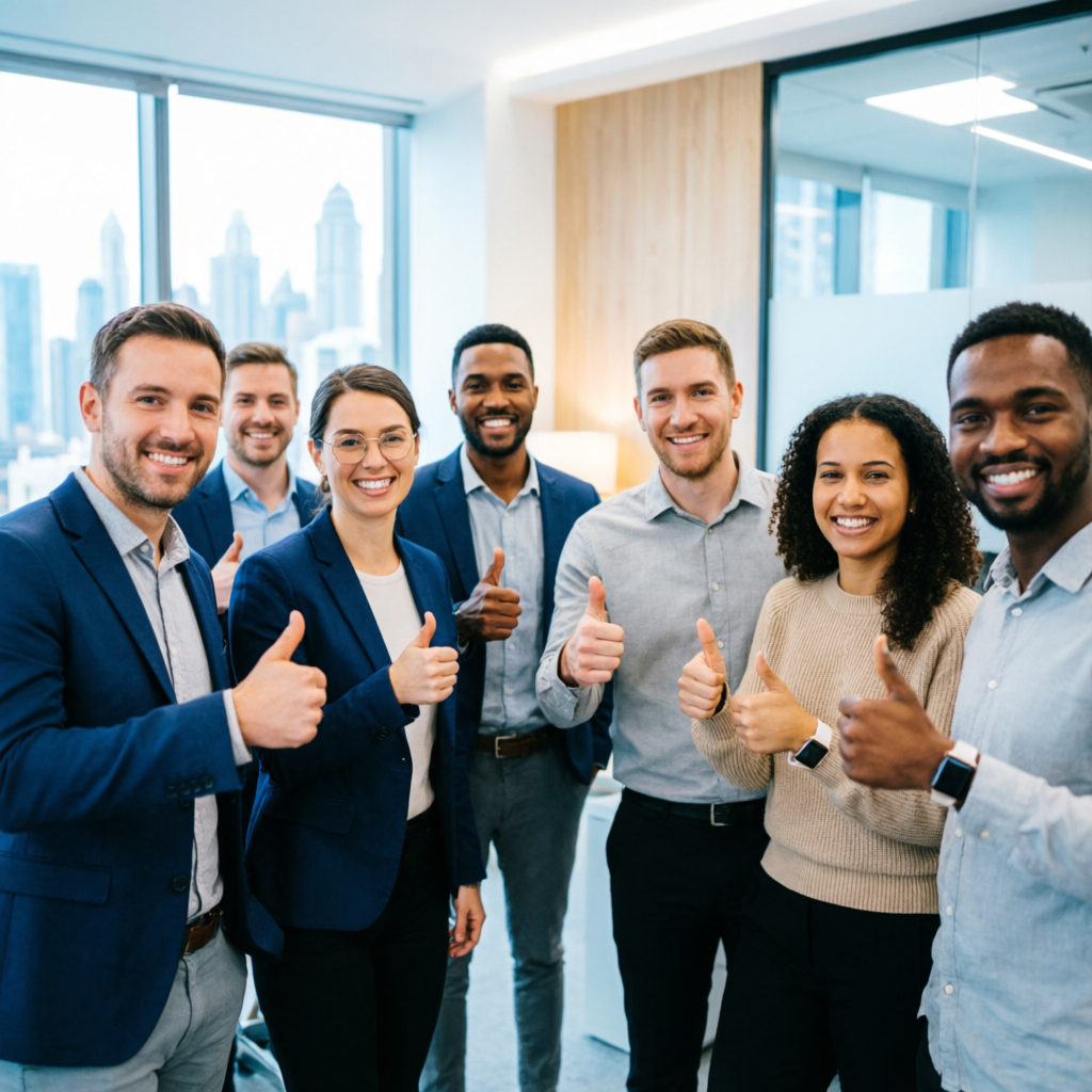Satisfied traders giving thumbs up after using PFM Capitals prop firm services