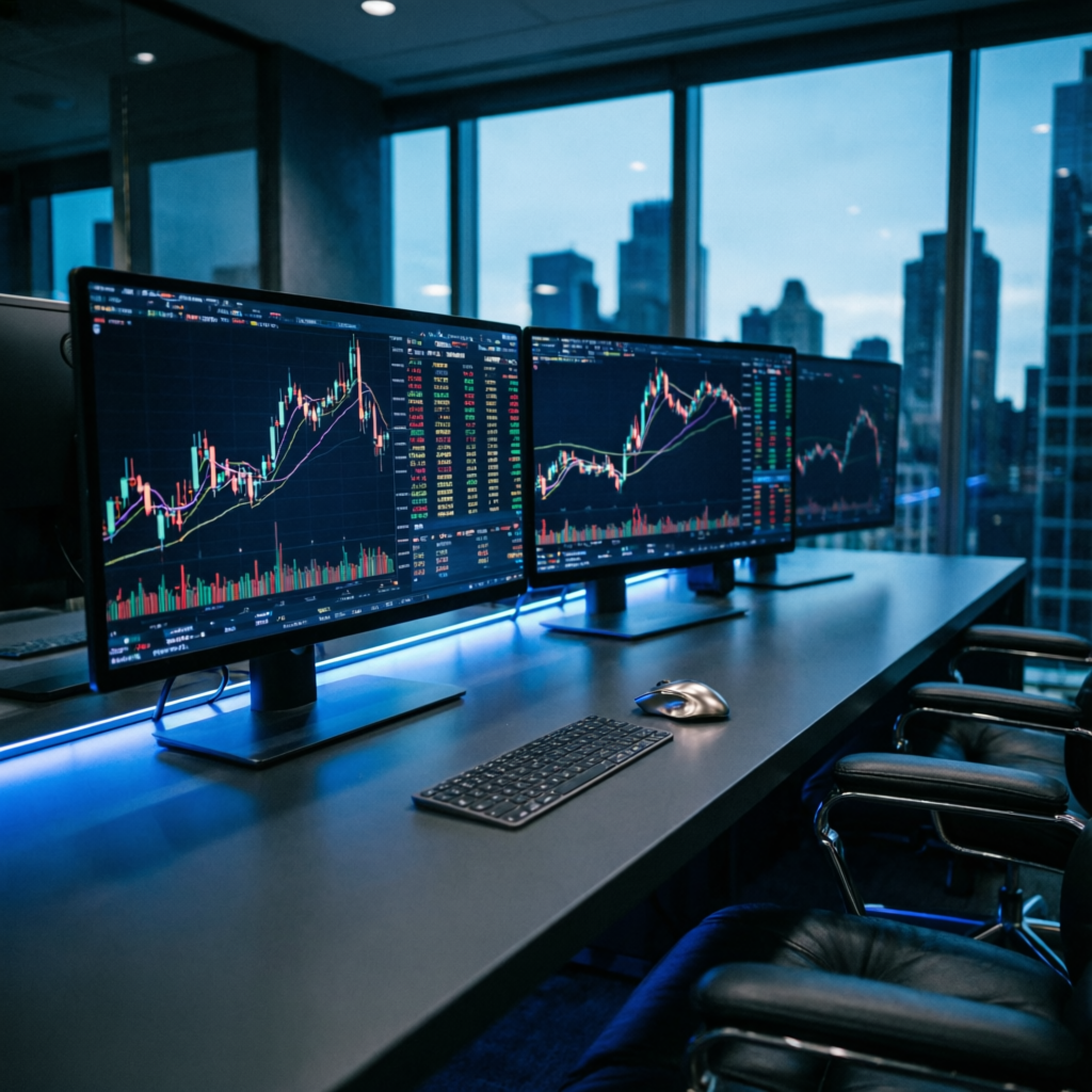 Professional trading desk with multiple monitors displaying Alpha Capital Group account growth strategy charts