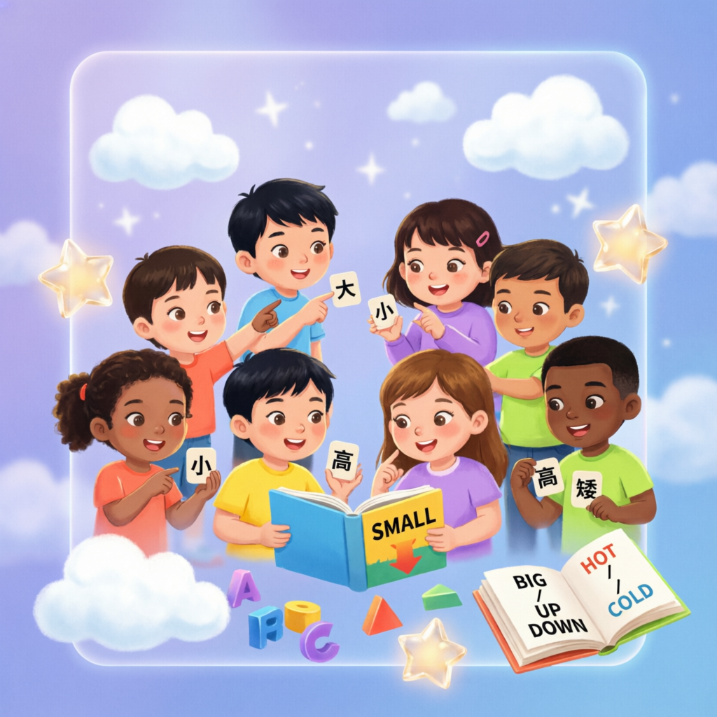 Cute cartoon kids learning opposite words