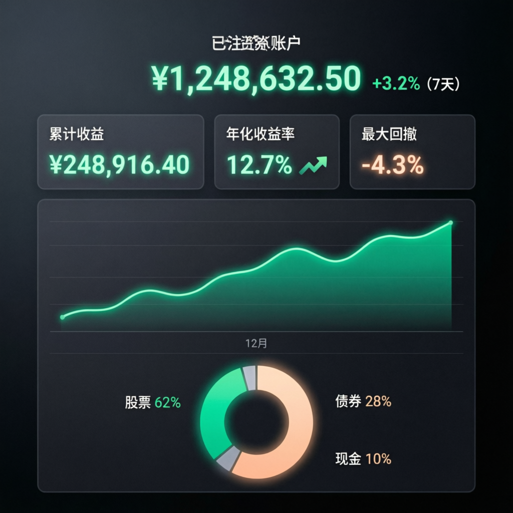 Funded account management dashboard showing portfolio growth and performance metrics