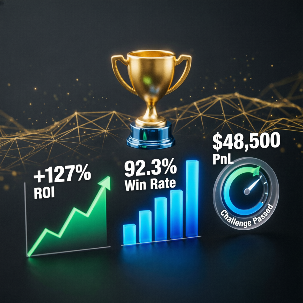Prop firm challenge success metrics showing ROI, win rate, and profit targets achieved