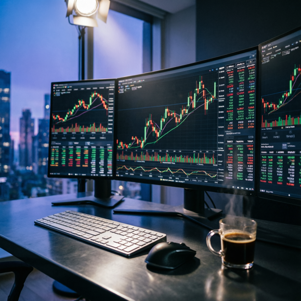 Professional forex trading workspace with multiple monitors showing trading charts and analysis tools for Blueberry Funded challenge