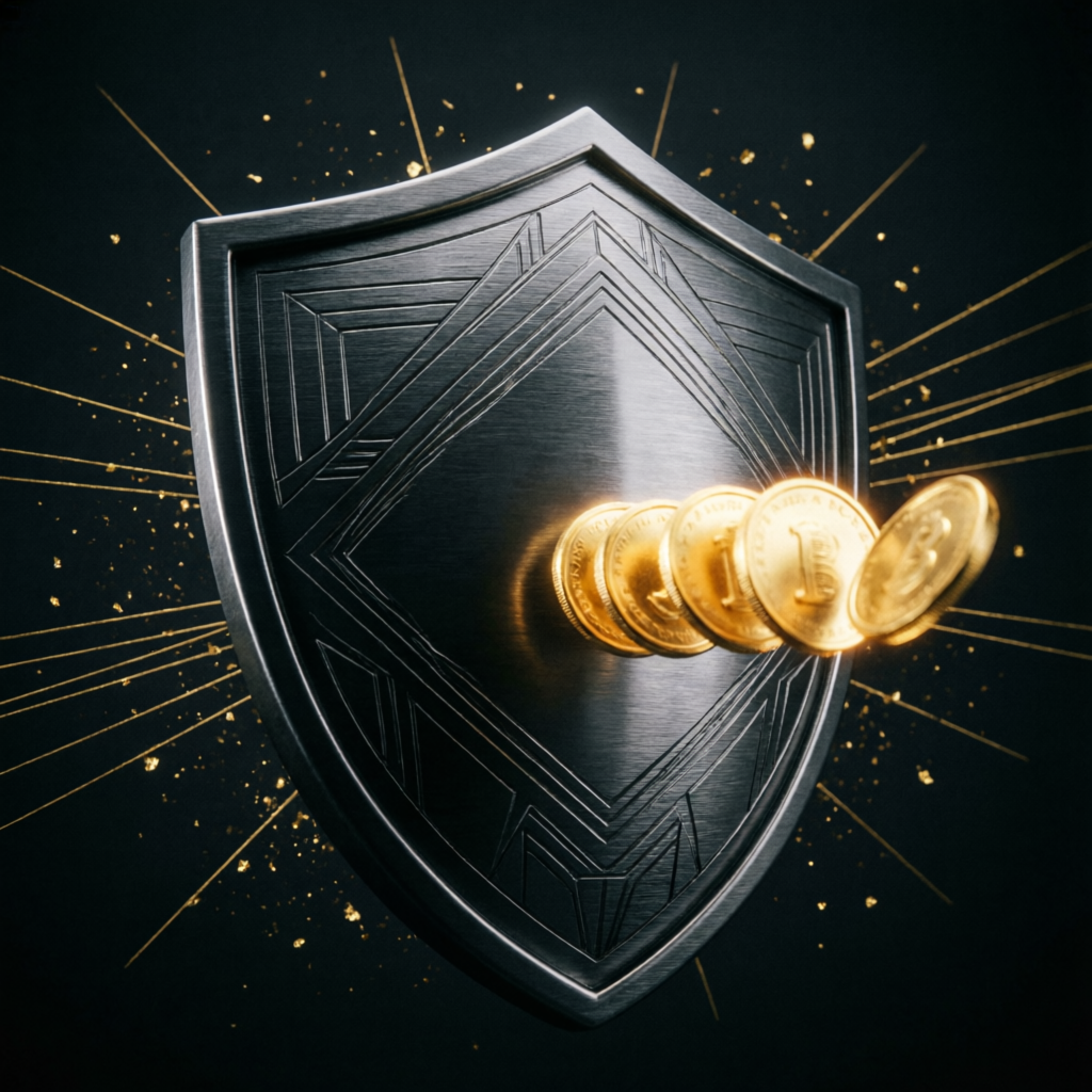 Premium risk management shield protecting golden coins