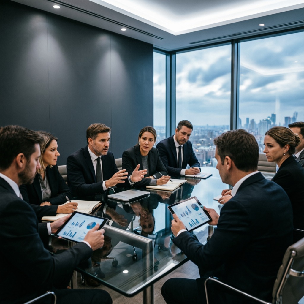 Professional team meeting discussing trading strategies in modern boardroom