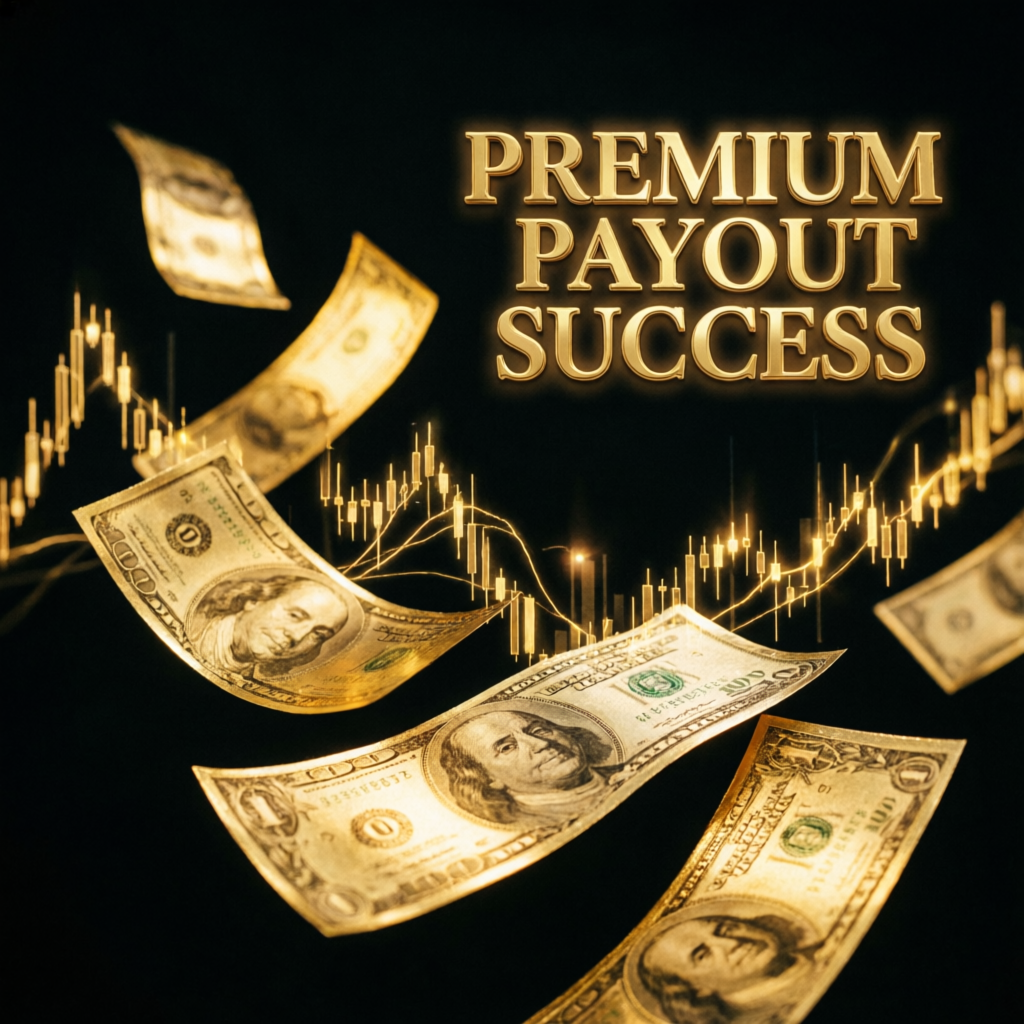 Premium payout success concept with golden dollar bills and trading charts