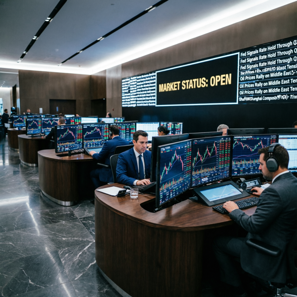 Modern trading floor with professional traders working at desks