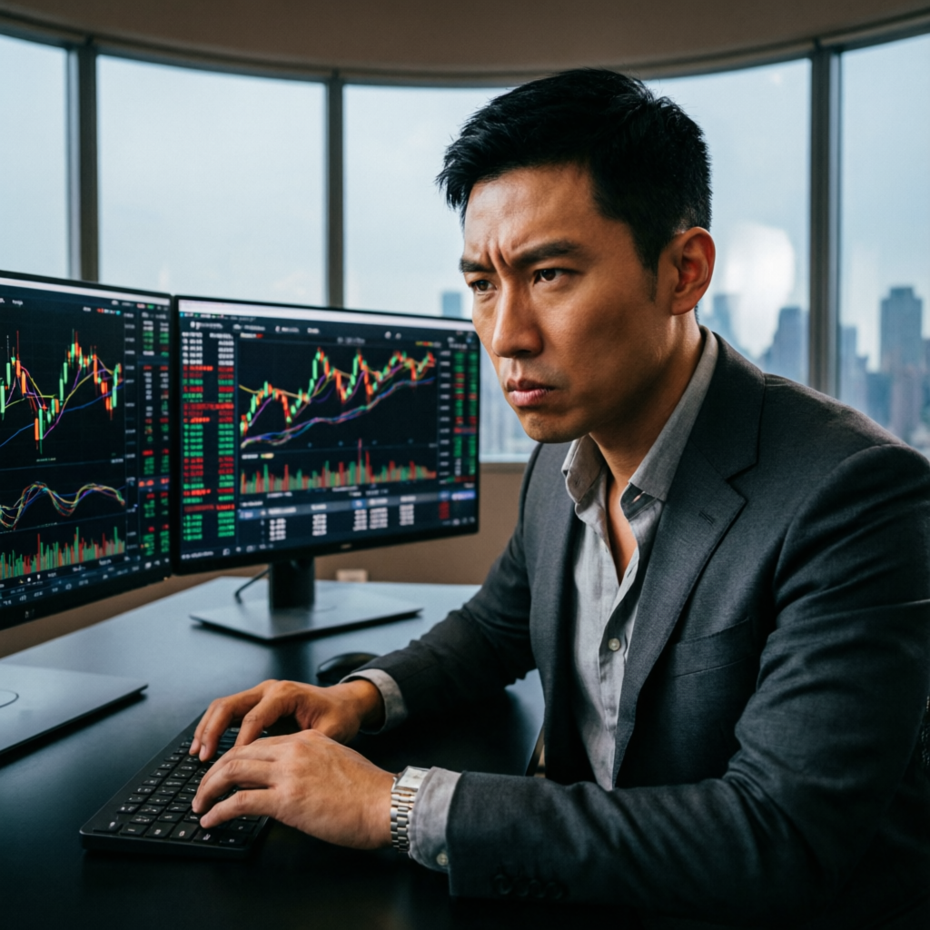 Professional forex trader analyzing multiple monitors with candlestick charts