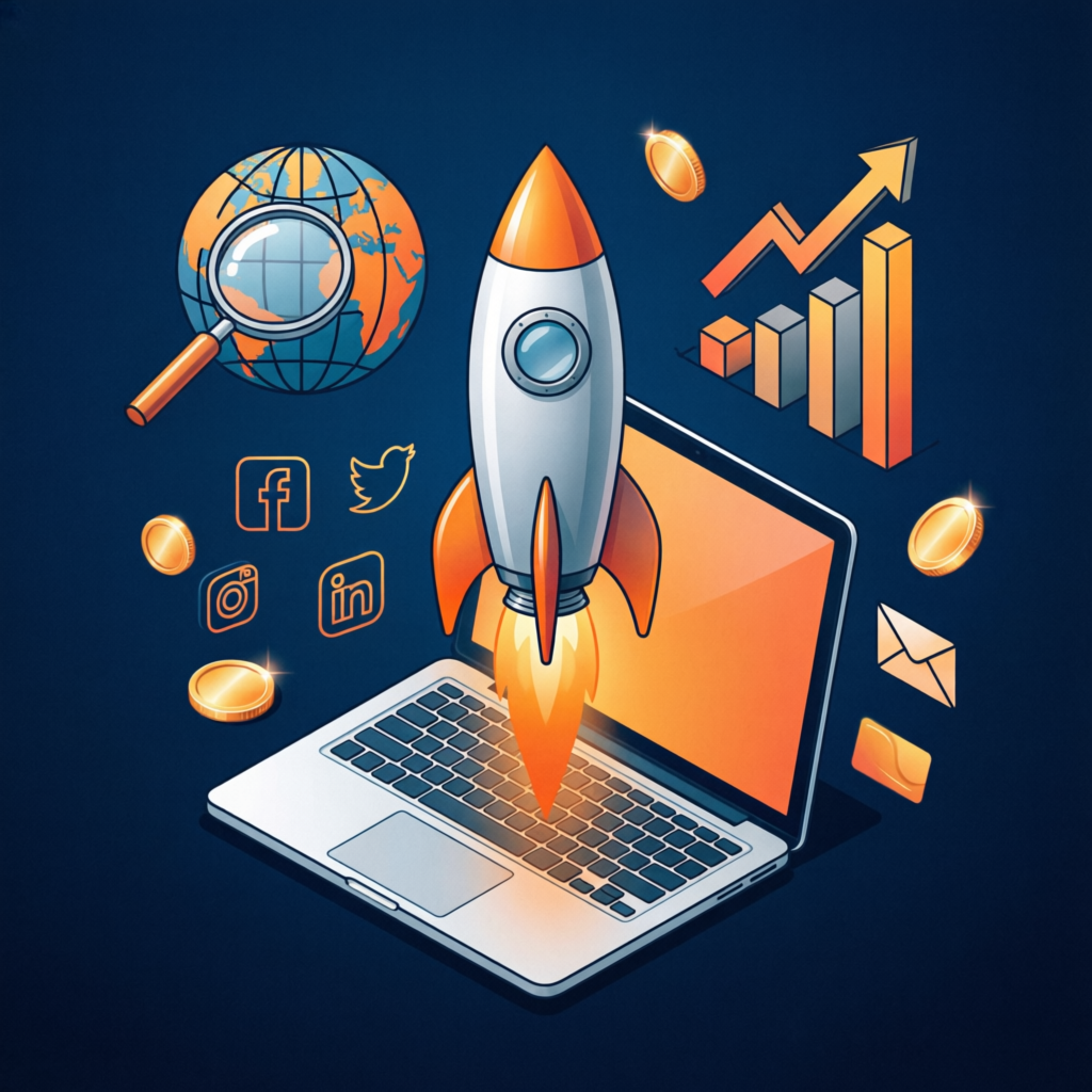 Digital growth illustration — rocket launching from laptop