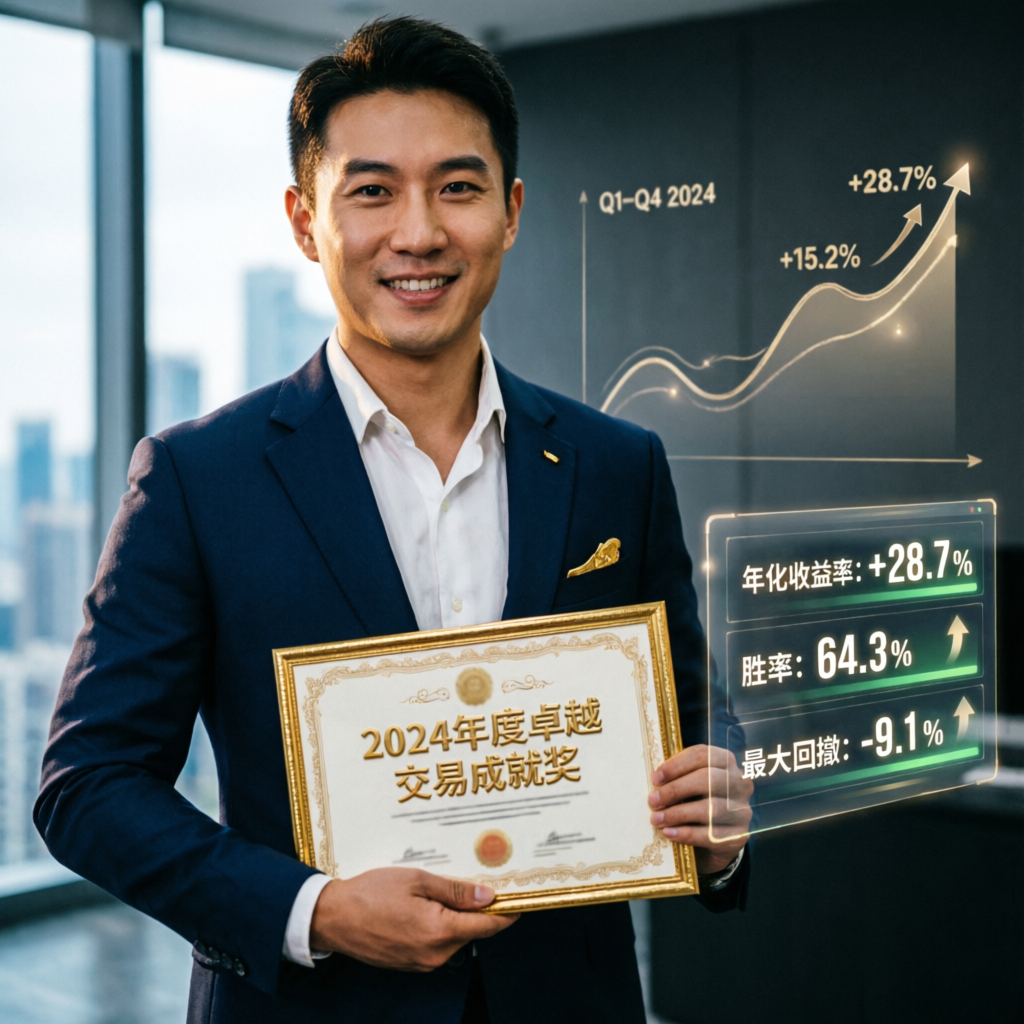 Professional trader holding achievement certificate with profit growth chart
