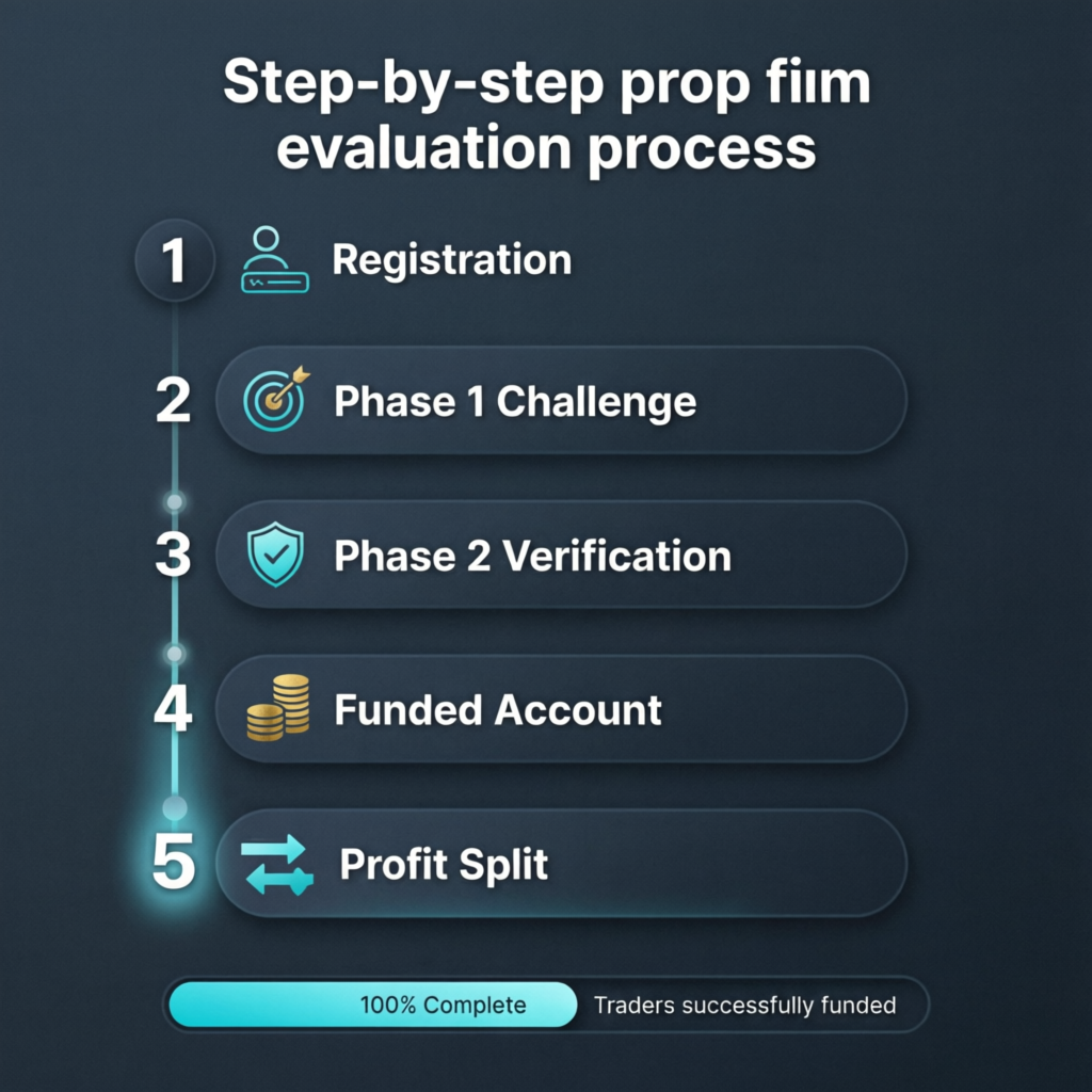Step-by-step prop firm evaluation process from registration to profit split