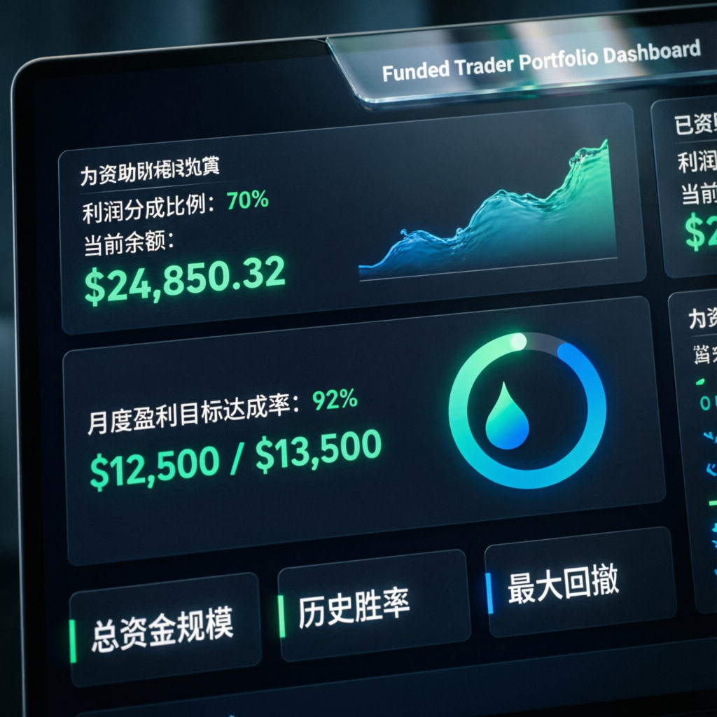 Funded trader portfolio dashboard showing profit splits and account growth