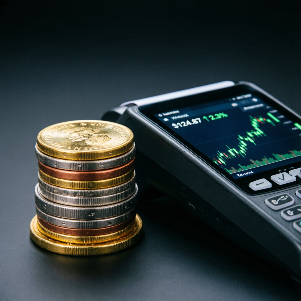 Stack of coins and trading terminal