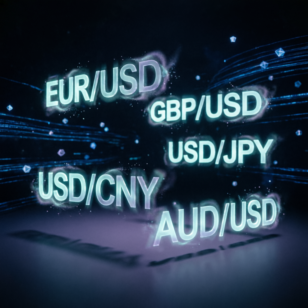 Forex currency pairs hologram floating in dark tech environment