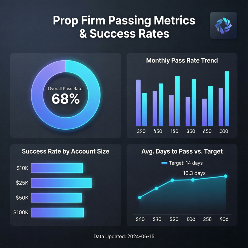 Data visualization dashboard showing prop firm passing metrics