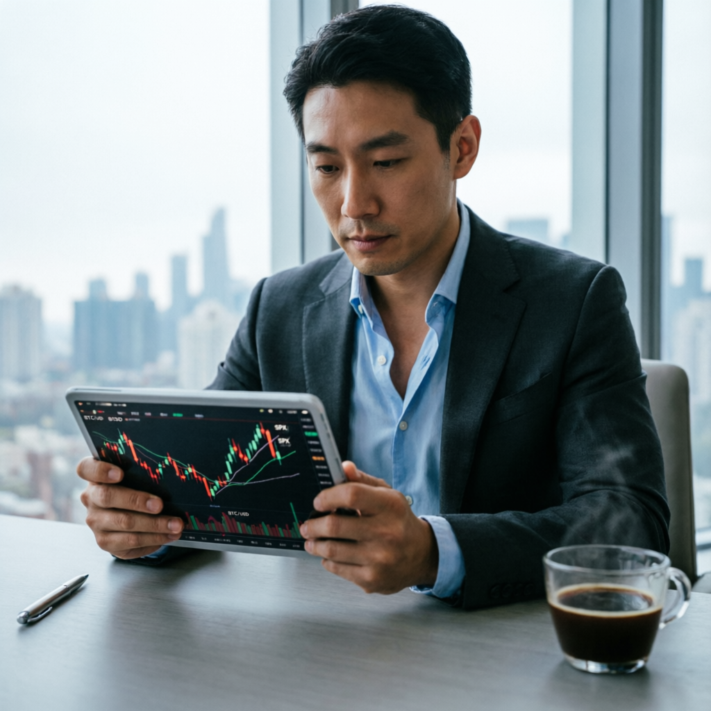 Professional trader analyzing charts on tablet