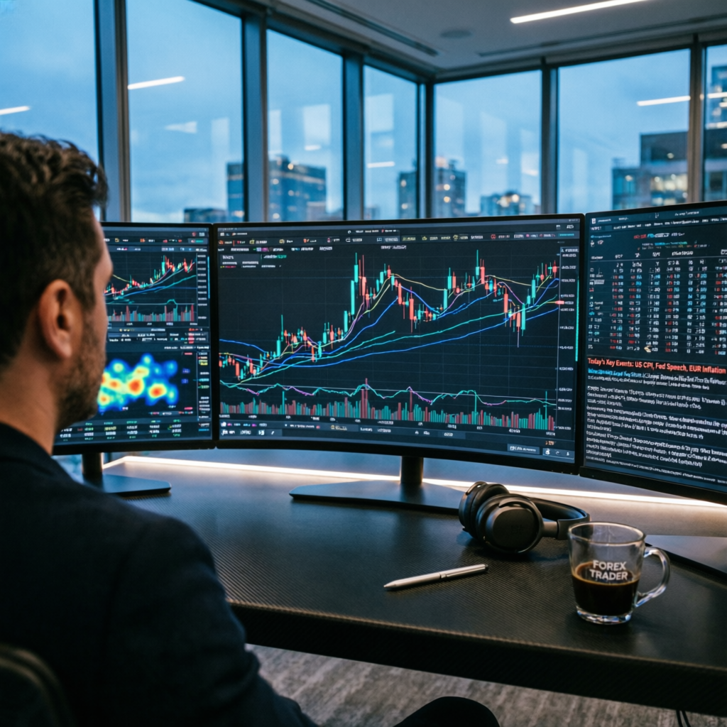 Professional forex trading setup with multiple monitors showing detailed candlestick charts and financial data