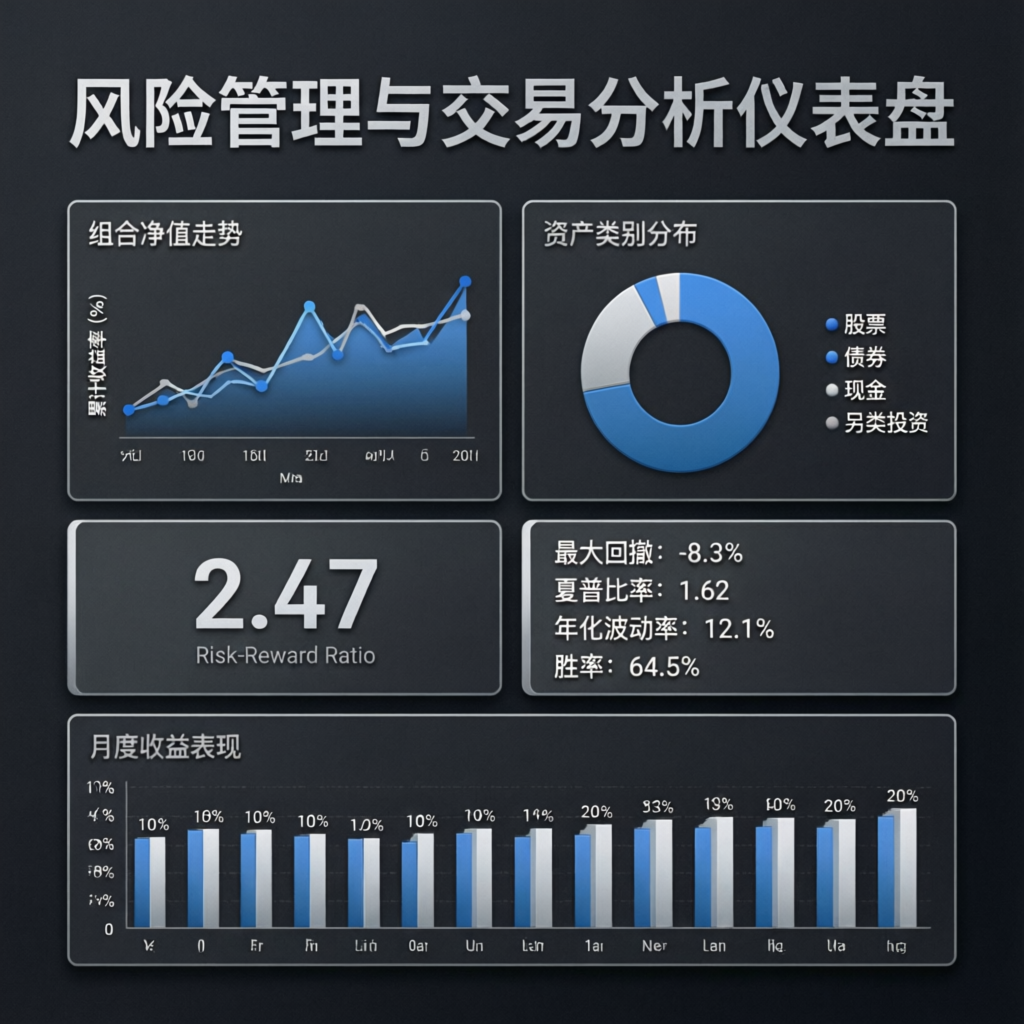 Risk management and trading analytics dashboard with charts and performance metrics