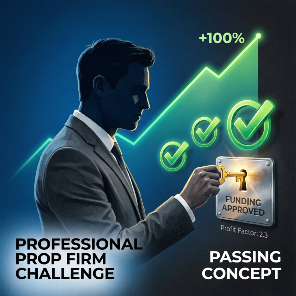 Professional prop firm challenge passing concept showing trader success and funding approval