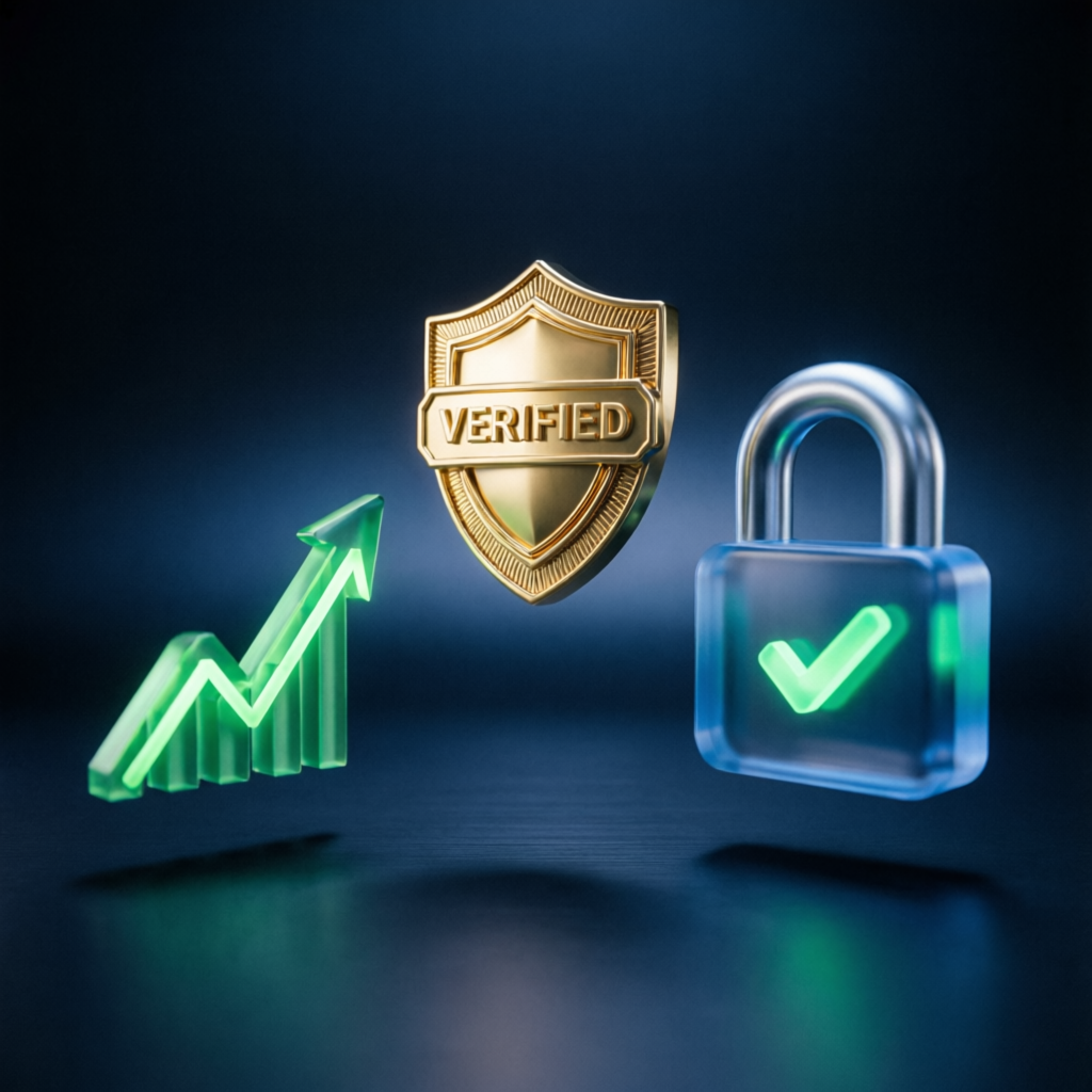 Verified trading growth and security concept with shield and lock icons