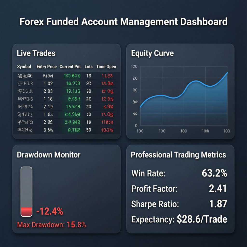 Forex Funded Account Management Dashboard showing live trades and equity curve
