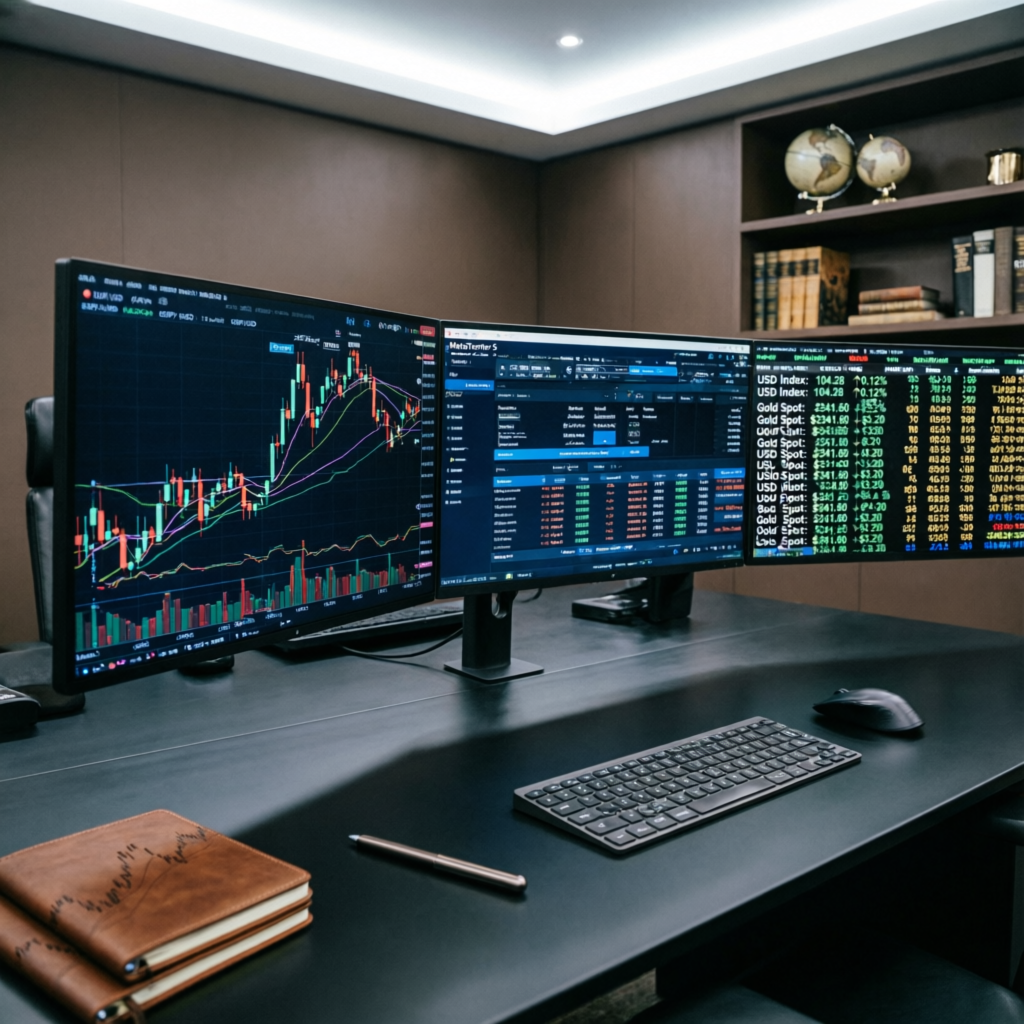 Professional trading desk with multiple monitors showing forex charts and City Traders Imperium evaluation tracking