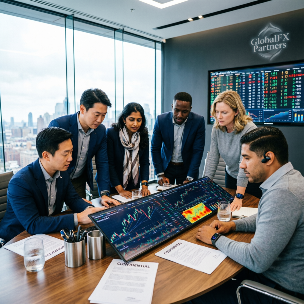 Professional team of forex fund managers collaborating on trading strategy analysis