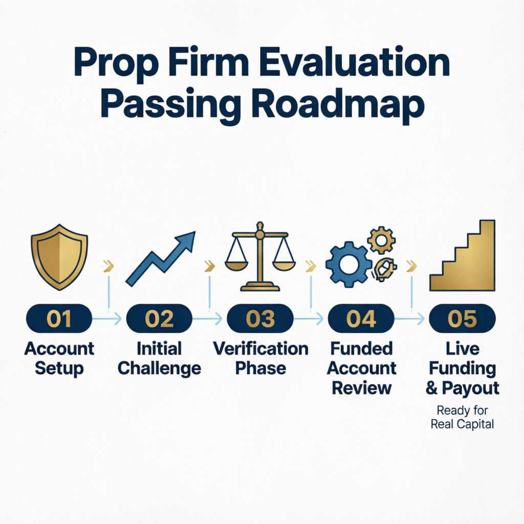 Prop Firm Evaluation Passing Roadmap showing 5 phases from account setup to live funding