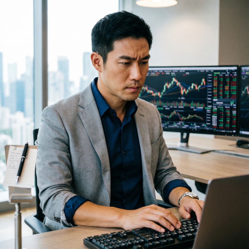 Professional trader analyzing forex charts and City Traders Imperium evaluation data on multiple monitors