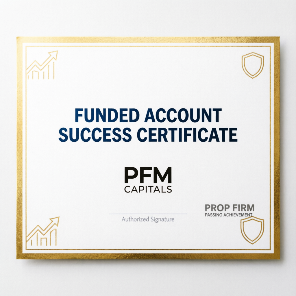 Funded Account Success Certificate from PFM Capitals showing prop firm passing achievement