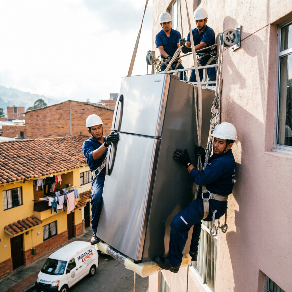Equipo profesional subiendo una nevera por fachada con cuerdas y poleas en Bogotá