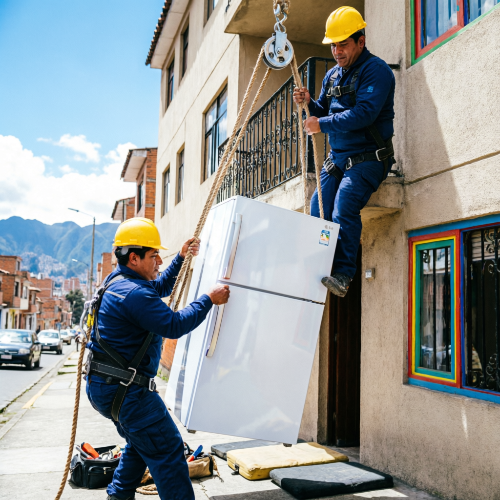 Subir una Nevera por Fachada en Bogotá con equipo profesional de Empresa de Trasteo