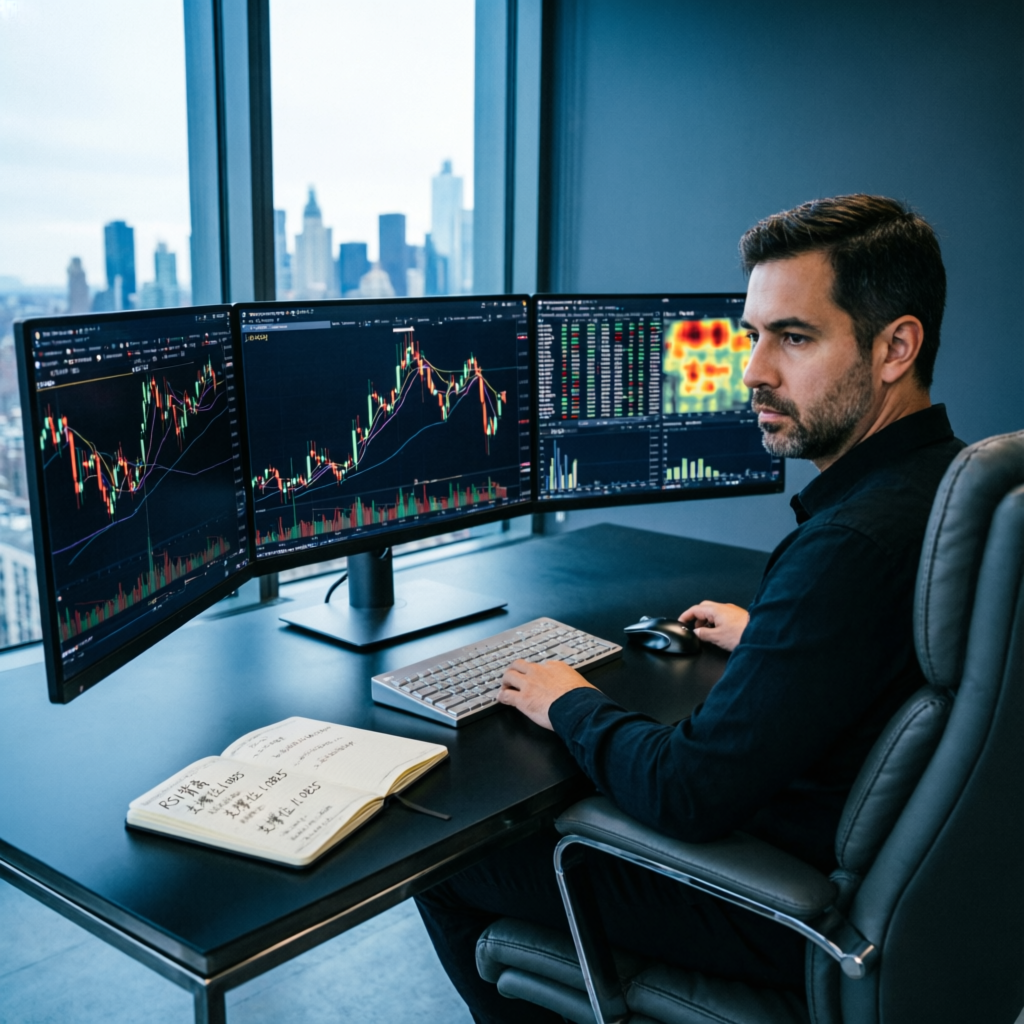 Professional forex trader analyzing charts on multiple monitors at PFM Capitals trading desk