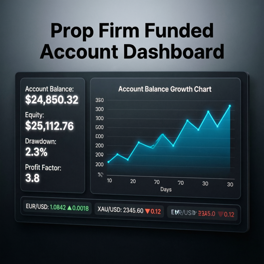 Prop firm funded account dashboard showing consistent growth