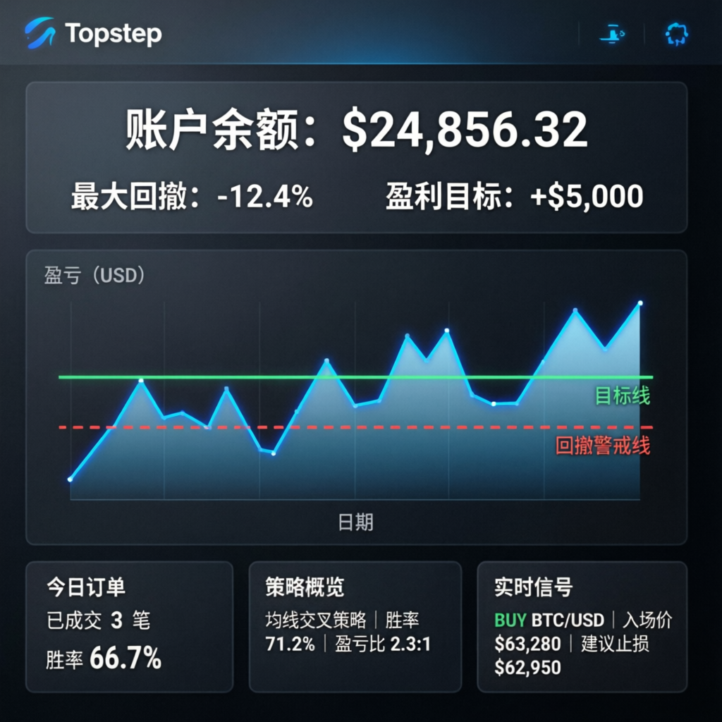 Topstep Trading Dashboard with Account Balance and Drawdown Metrics