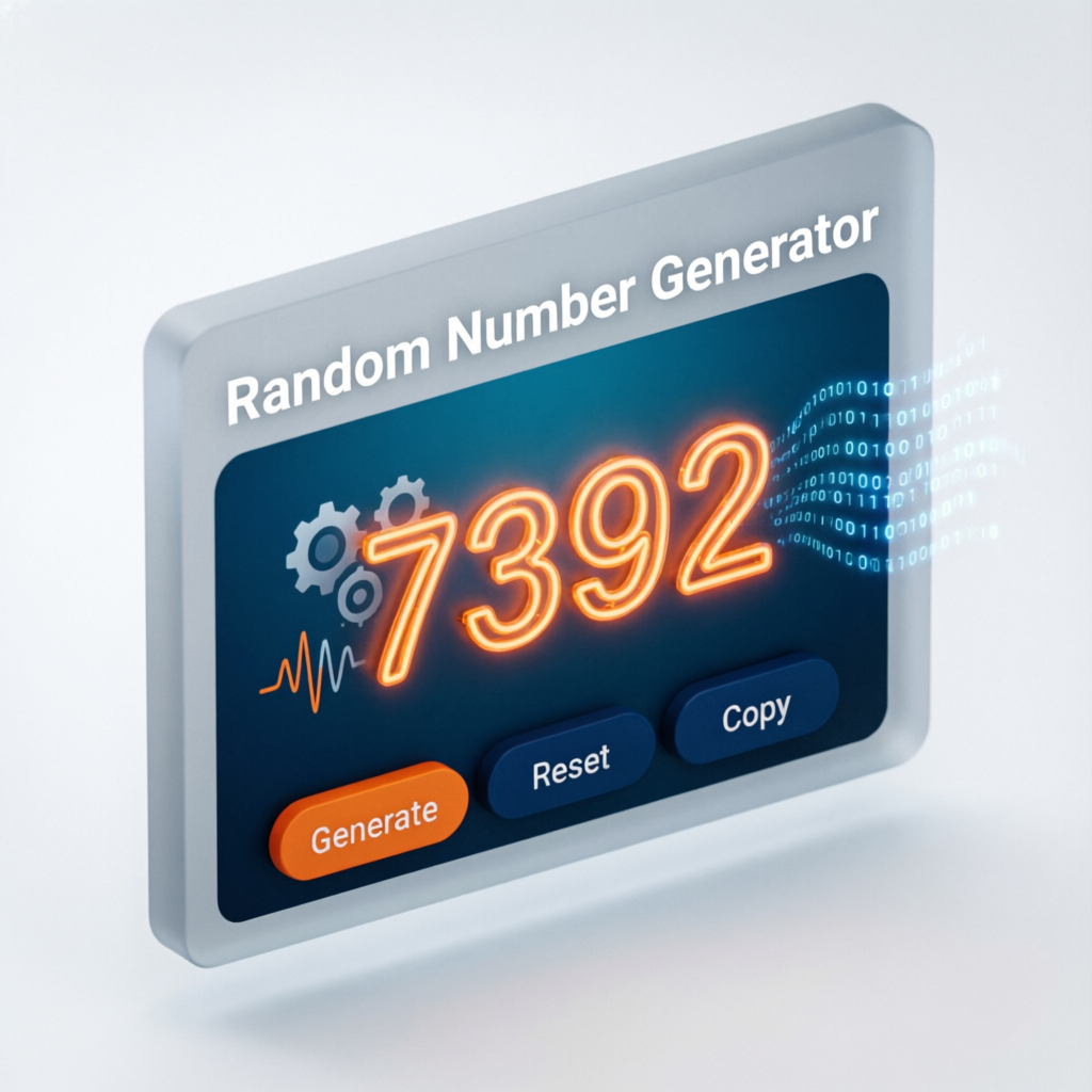 Random Number Generator tool interface showing glowing digital numbers in an isometric design