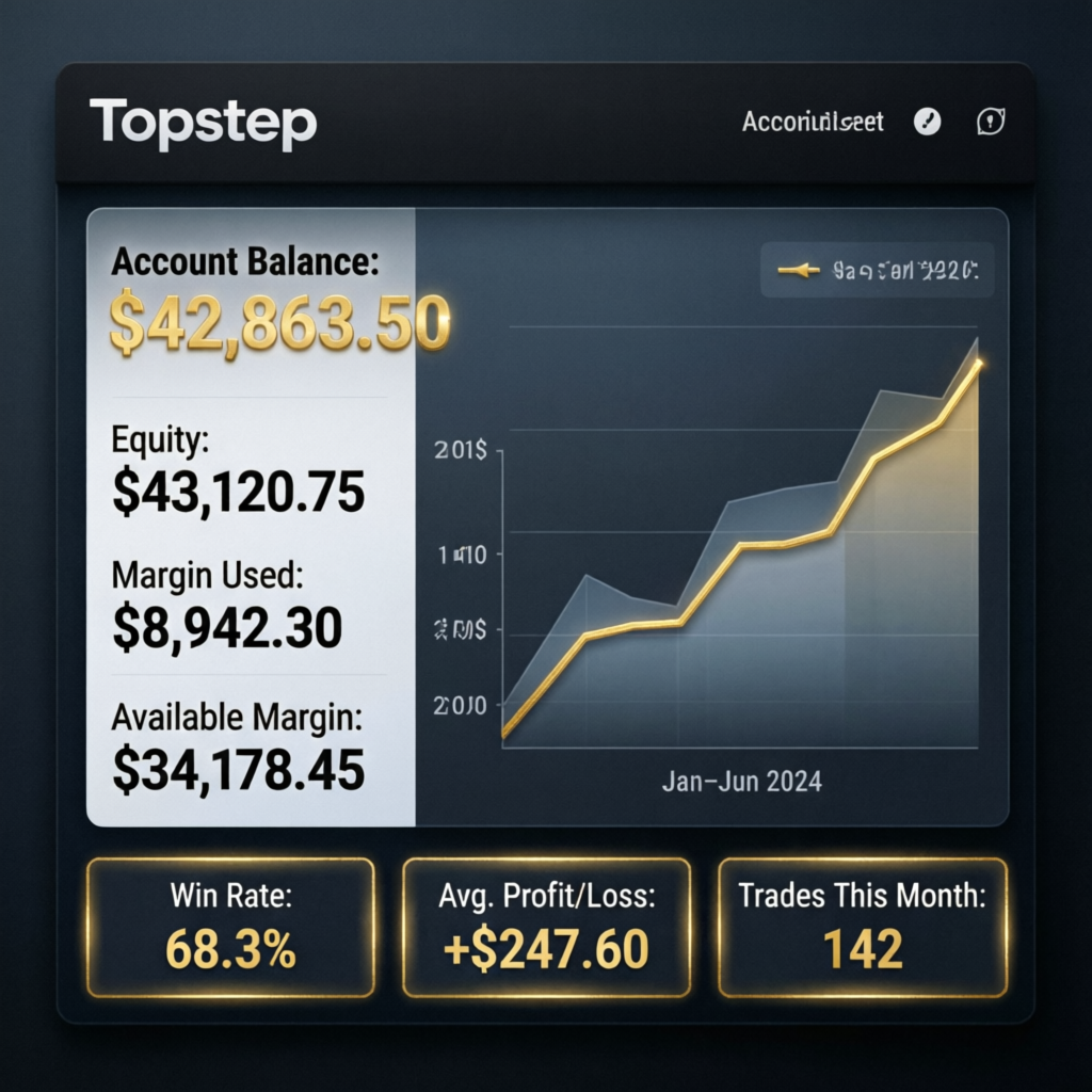 Topstep trading dashboard showing account balance and performance metrics