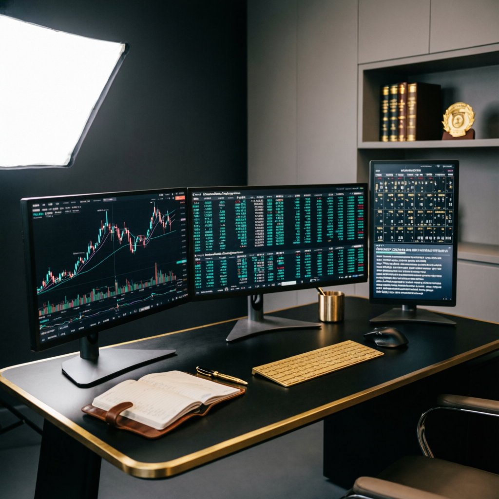 Professional trading workspace with multiple monitors showing market data