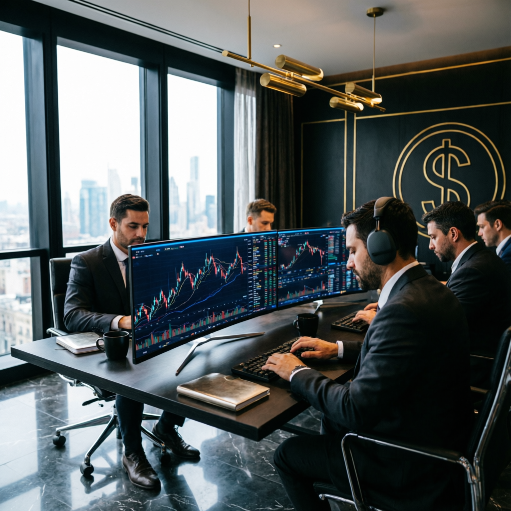 Professional forex trading team analyzing markets in luxury office