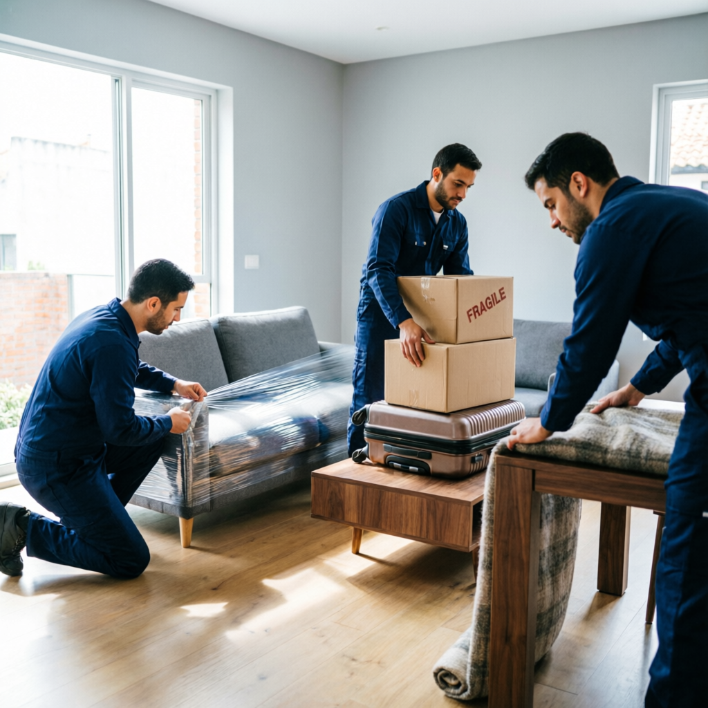 Equipo de Trasteos Fontibon empacando muebles con plástico pelex y mantas