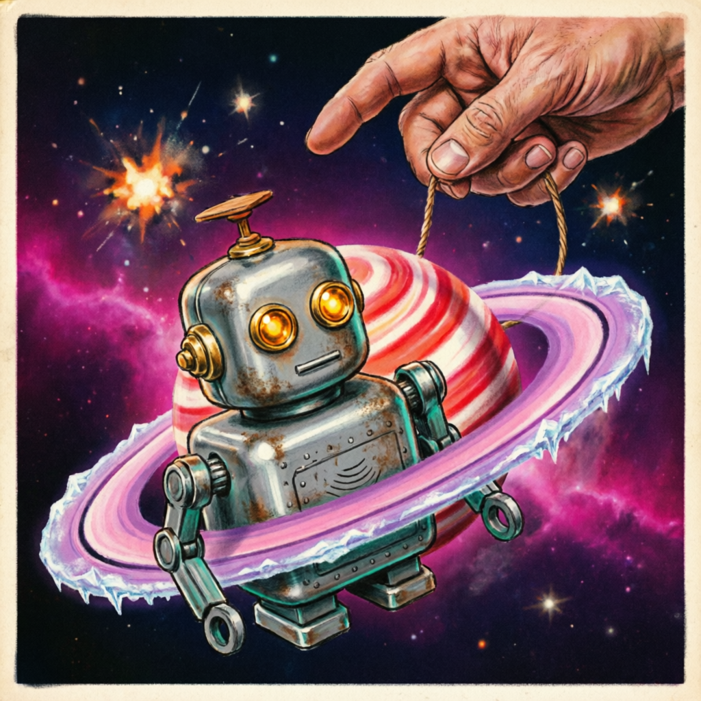 Orbitoy — a tin toy robot orbiting a ringed planet on a yo-yo string