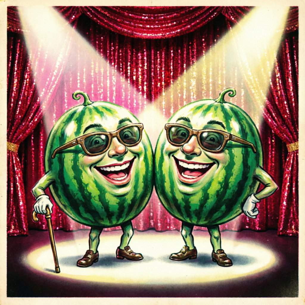 Double Melon — two grinning watermelons in sunglasses on a vaudeville stage